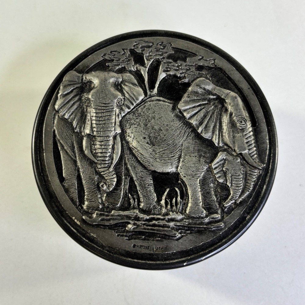 Metzke Pewter Elephant Trinket Box Vintage 1974 Round Lidded Jewelry Dish